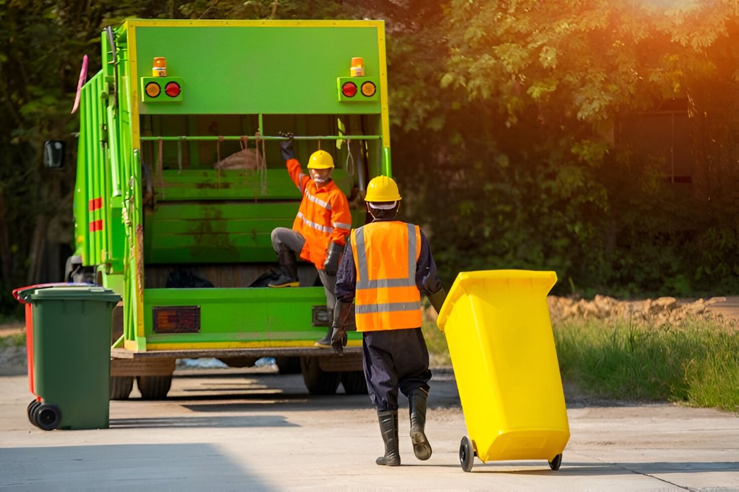 Female employee in high vis standing with car boot open